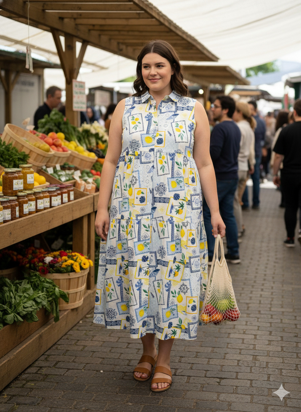 Alex's Lemonade Stand Shirt button tiered Dress Lemon Cotton Midi Vacay Sz-M